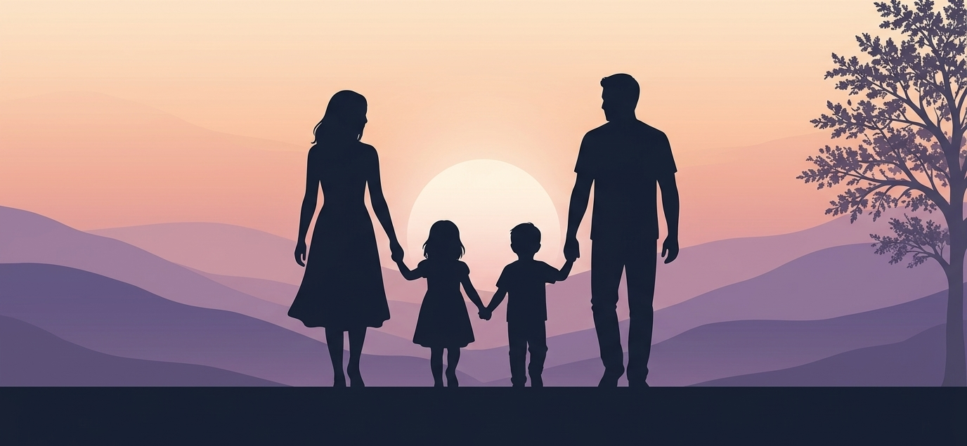 Silhouette of a family holding hands at sunset